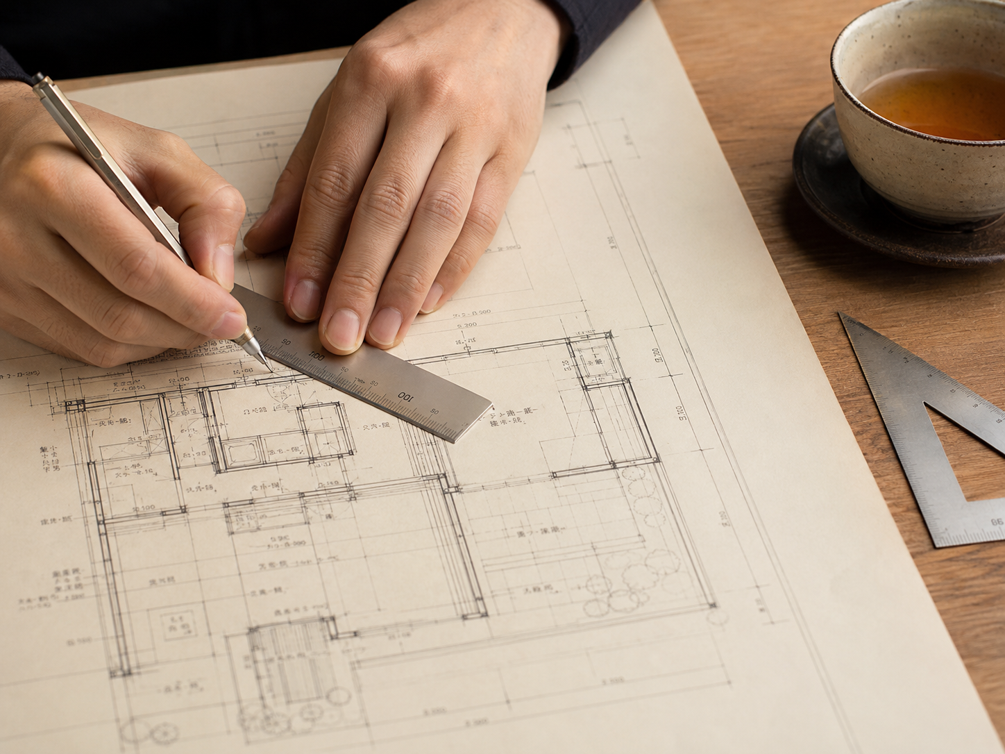 Drafter at work — precision drawing on an architectural blueprint